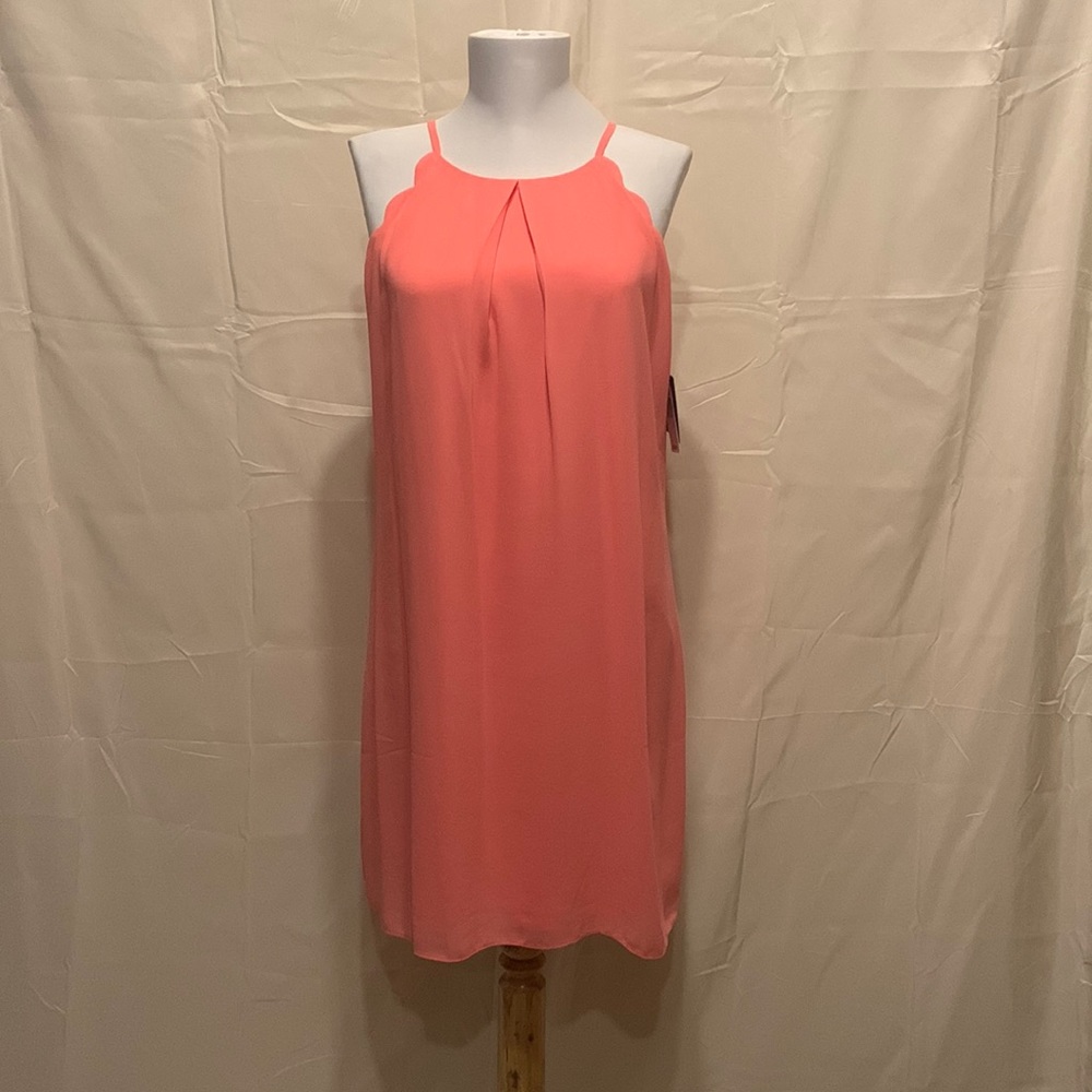 High neck coral chiffon dress